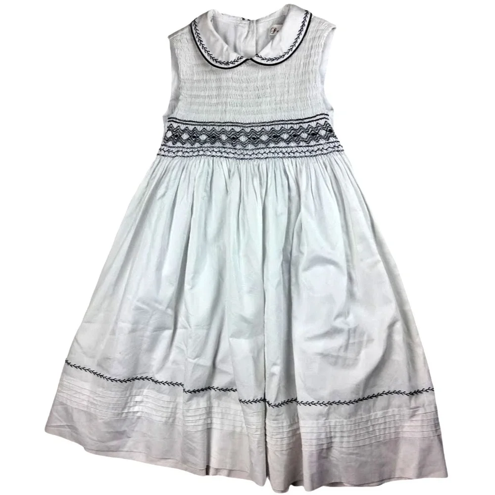 Pettigirl Smocked Dress Girls Sz 8 White Blue Embroidered Peter Pan Collar